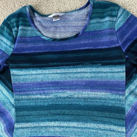 Christopher & Banks Women's Sz L Greens Blues Stripe Hi Lo Hem Long Sleeve Top - Picture 3 of 11
